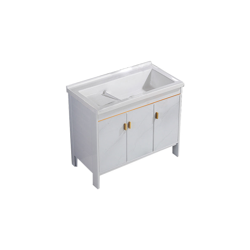 Freestanding White Vanity Rectangular Metal Frame Mirror Single Sink Bath Vanity with Door Bathroom Vanity Clearhalo 'Bathroom Remodel & Bathroom Fixtures' 'Bathroom Vanities' 'bathroom_vanities' 'Home Improvement' 'home_improvement' 'home_improvement_bathroom_vanities' 7678645