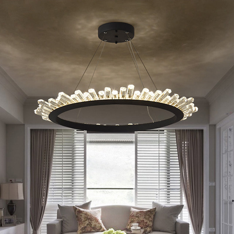 Black/Gold Ring Pendant Chandelier Modern Crystal Accent LED Pendant Light Fixture in White/Warm Light for Living Room, 19.5"/23.5" Wide Black Clearhalo 'Ceiling Lights' 'Chandeliers' 'Modern Chandeliers' 'Modern' Lighting' 767942
