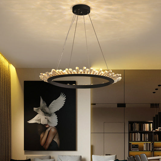 Black/Gold Ring Pendant Chandelier Modern Crystal Accent LED Pendant Light Fixture in White/Warm Light for Living Room, 19.5"/23.5" Wide Clearhalo 'Ceiling Lights' 'Chandeliers' 'Modern Chandeliers' 'Modern' Lighting' 767944