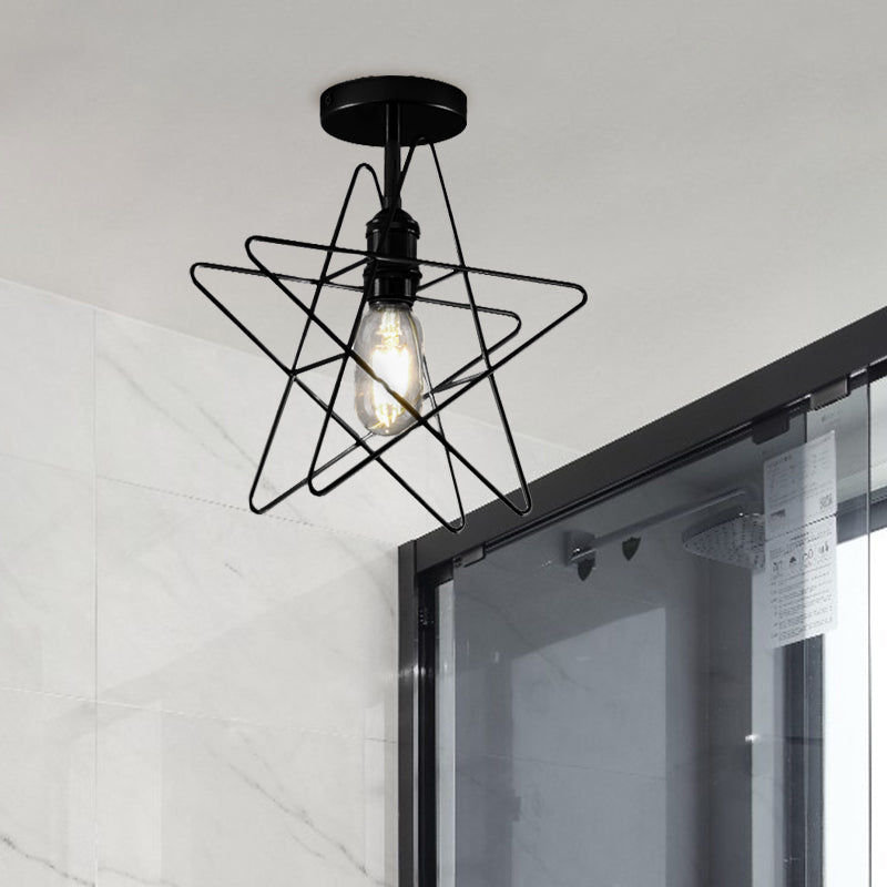 1 Bulb Star Cage Semi Flush Light Industrial Vintage Black/Gold Metallic Semi Flush Mount Lighting for Corridor Clearhalo 'Ceiling Lights' 'Close To Ceiling Lights' 'Close to ceiling' 'Semi-flushmount' Lighting' 768038