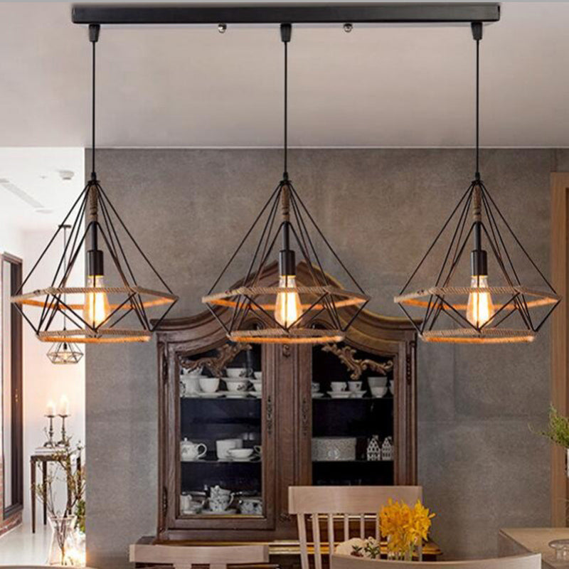 Industrial Stylish Diamond Cage Pendant Lamp 3 Lights Metal and Rope Hanging Lamp with Round/Linear Canopy in Black Black A Linear Clearhalo 'Art Deco Pendants' 'Black' 'Cast Iron' 'Ceiling Lights' 'Ceramic' 'Crystal' 'Industrial Pendants' 'Industrial' 'Metal' 'Middle Century Pendants' 'Pendant Lights' 'Pendants' 'Rustic Pendants' 'Tiffany' Lighting' 768159