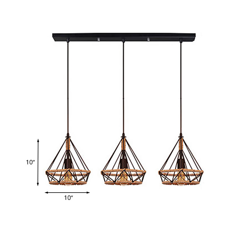 Industrial Stylish Diamond Cage Pendant Lamp 3 Lights Metal and Rope Hanging Lamp with Round/Linear Canopy in Black Clearhalo 'Art Deco Pendants' 'Black' 'Cast Iron' 'Ceiling Lights' 'Ceramic' 'Crystal' 'Industrial Pendants' 'Industrial' 'Metal' 'Middle Century Pendants' 'Pendant Lights' 'Pendants' 'Rustic Pendants' 'Tiffany' Lighting' 768163