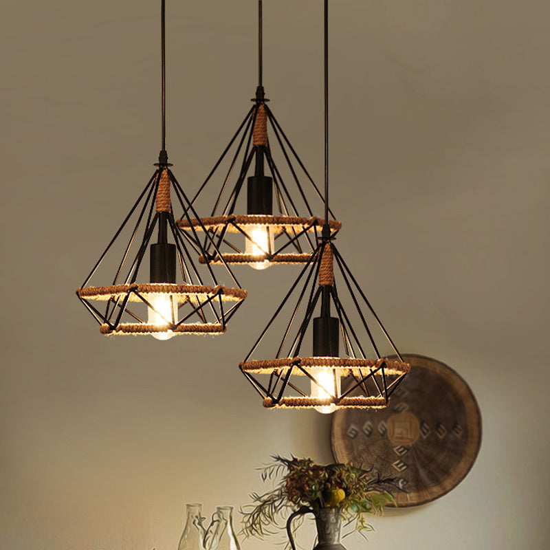 Industrial Stylish Diamond Cage Pendant Lamp 3 Lights Metal and Rope Hanging Lamp with Round/Linear Canopy in Black Black A Round Clearhalo 'Art Deco Pendants' 'Black' 'Cast Iron' 'Ceiling Lights' 'Ceramic' 'Crystal' 'Industrial Pendants' 'Industrial' 'Metal' 'Middle Century Pendants' 'Pendant Lights' 'Pendants' 'Rustic Pendants' 'Tiffany' Lighting' 768164