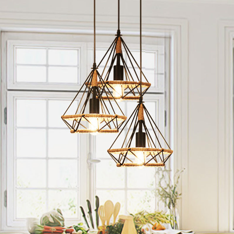 Industrial Stylish Diamond Cage Pendant Lamp 3 Lights Metal and Rope Hanging Lamp with Round/Linear Canopy in Black Clearhalo 'Art Deco Pendants' 'Black' 'Cast Iron' 'Ceiling Lights' 'Ceramic' 'Crystal' 'Industrial Pendants' 'Industrial' 'Metal' 'Middle Century Pendants' 'Pendant Lights' 'Pendants' 'Rustic Pendants' 'Tiffany' Lighting' 768165