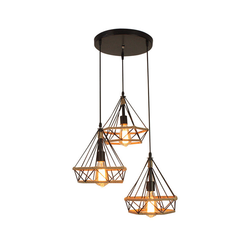 Industrial Stylish Diamond Cage Pendant Lamp 3 Lights Metal and Rope Hanging Lamp with Round/Linear Canopy in Black Clearhalo 'Art Deco Pendants' 'Black' 'Cast Iron' 'Ceiling Lights' 'Ceramic' 'Crystal' 'Industrial Pendants' 'Industrial' 'Metal' 'Middle Century Pendants' 'Pendant Lights' 'Pendants' 'Rustic Pendants' 'Tiffany' Lighting' 768167