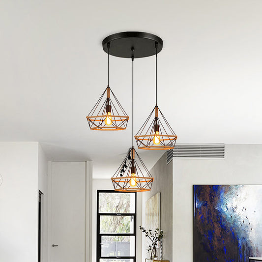 Industrial Stylish Diamond Cage Pendant Lamp 3 Lights Metal and Rope Hanging Lamp with Round/Linear Canopy in Black Clearhalo 'Art Deco Pendants' 'Black' 'Cast Iron' 'Ceiling Lights' 'Ceramic' 'Crystal' 'Industrial Pendants' 'Industrial' 'Metal' 'Middle Century Pendants' 'Pendant Lights' 'Pendants' 'Rustic Pendants' 'Tiffany' Lighting' 768175