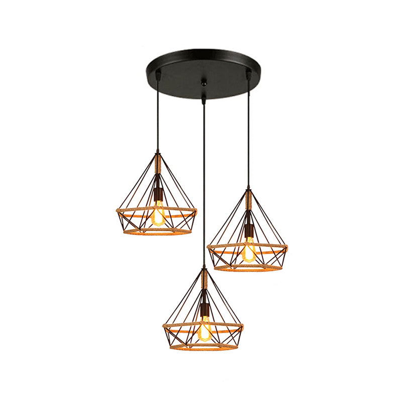 Industrial Stylish Diamond Cage Pendant Lamp 3 Lights Metal and Rope Hanging Lamp with Round/Linear Canopy in Black Clearhalo 'Art Deco Pendants' 'Black' 'Cast Iron' 'Ceiling Lights' 'Ceramic' 'Crystal' 'Industrial Pendants' 'Industrial' 'Metal' 'Middle Century Pendants' 'Pendant Lights' 'Pendants' 'Rustic Pendants' 'Tiffany' Lighting' 768177