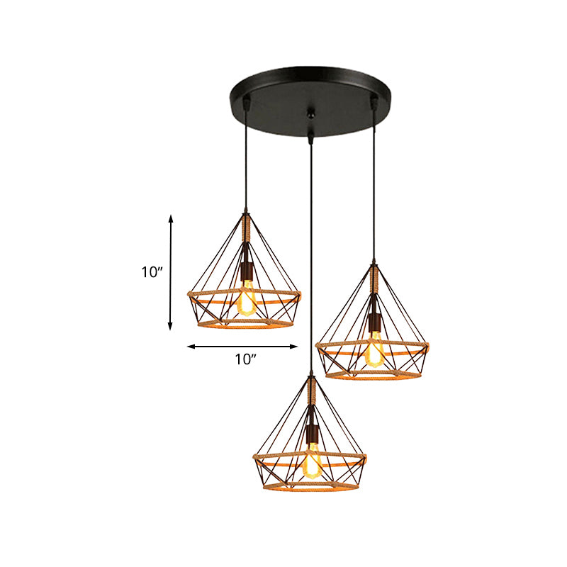 Industrial Stylish Diamond Cage Pendant Lamp 3 Lights Metal and Rope Hanging Lamp with Round/Linear Canopy in Black Clearhalo 'Art Deco Pendants' 'Black' 'Cast Iron' 'Ceiling Lights' 'Ceramic' 'Crystal' 'Industrial Pendants' 'Industrial' 'Metal' 'Middle Century Pendants' 'Pendant Lights' 'Pendants' 'Rustic Pendants' 'Tiffany' Lighting' 768178