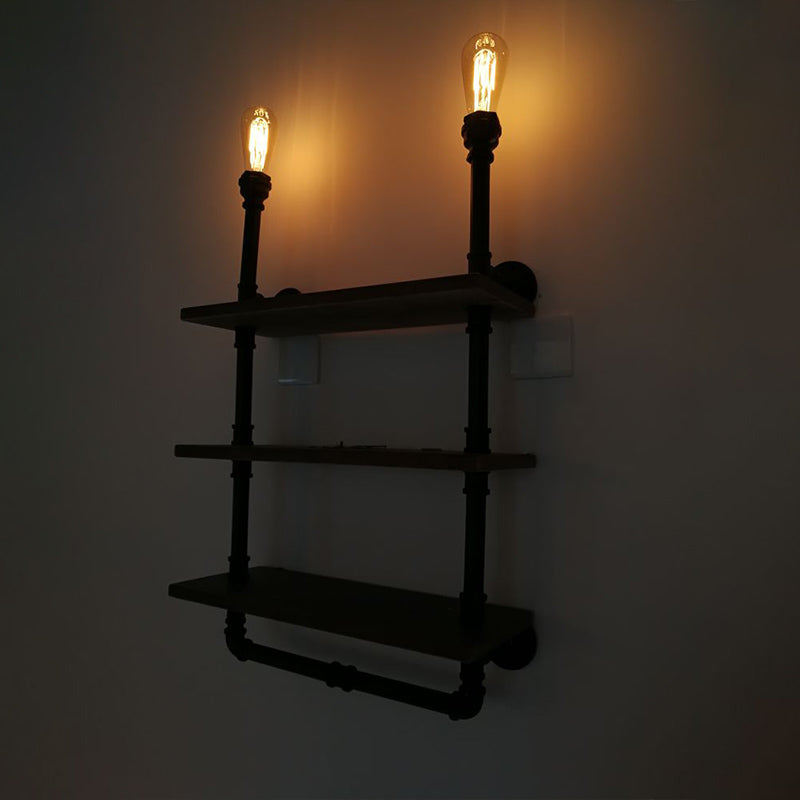 1/2-Bulb Wood Shelf Wall Lighting with Water Pipe Vintage Stylish Bronze Wall Mount Light for Living Room Clearhalo 'Art deco wall lights' 'Cast Iron' 'Glass' 'Industrial wall lights' 'Industrial' 'Middle century wall lights' 'Modern' 'Rustic wall lights' 'Tiffany' 'Traditional wall lights' 'Wall Lamps & Sconces' 'Wall Lights' Lighting' 768221