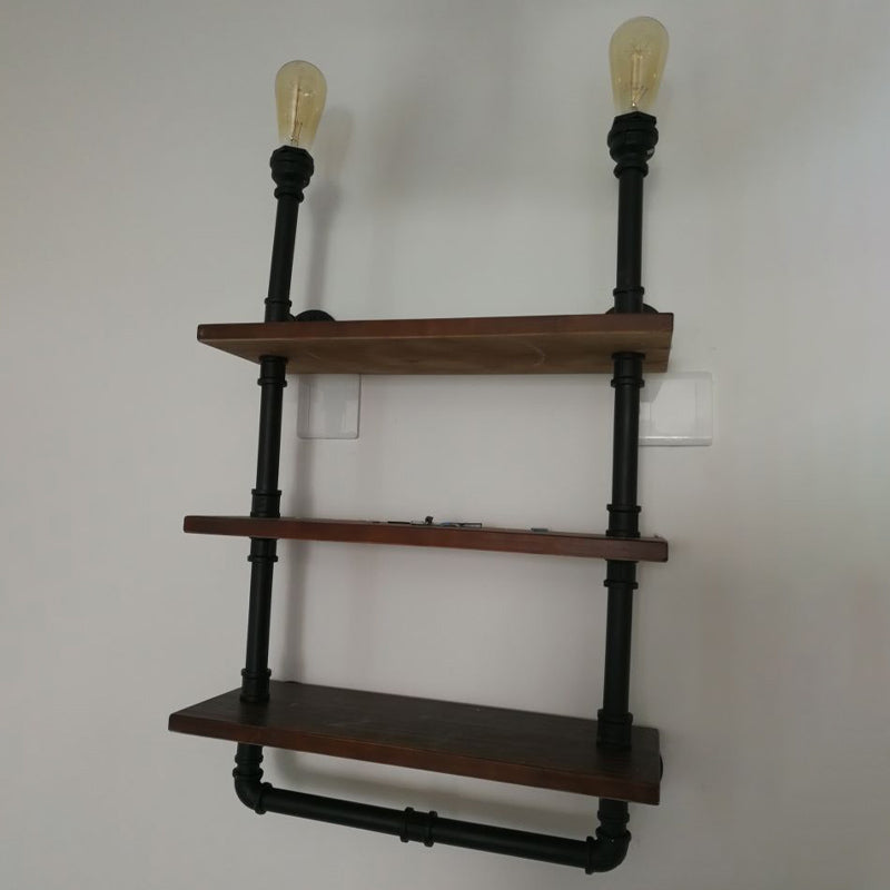 1/2-Bulb Wood Shelf Wall Lighting with Water Pipe Vintage Stylish Bronze Wall Mount Light for Living Room Clearhalo 'Art deco wall lights' 'Cast Iron' 'Glass' 'Industrial wall lights' 'Industrial' 'Middle century wall lights' 'Modern' 'Rustic wall lights' 'Tiffany' 'Traditional wall lights' 'Wall Lamps & Sconces' 'Wall Lights' Lighting' 768222