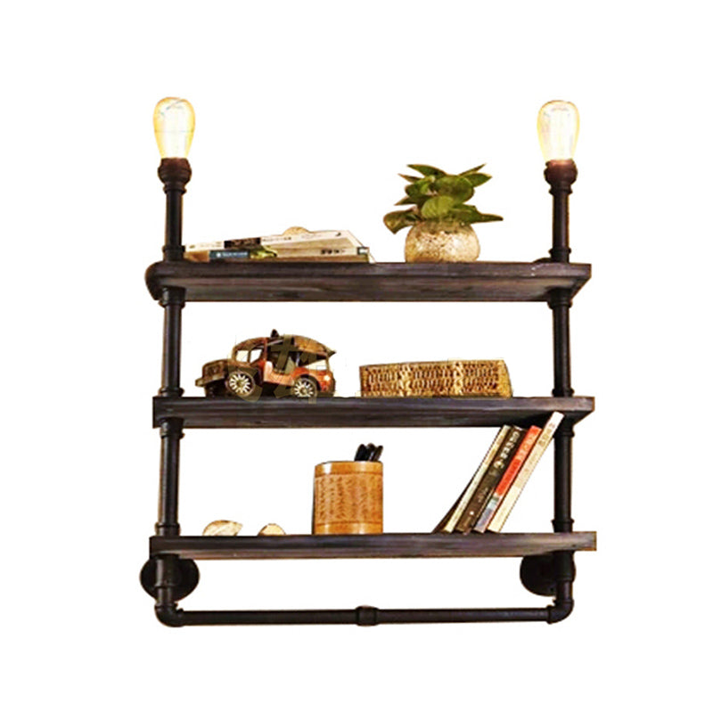 1/2-Bulb Wood Shelf Wall Lighting with Water Pipe Vintage Stylish Bronze Wall Mount Light for Living Room Clearhalo 'Art deco wall lights' 'Cast Iron' 'Glass' 'Industrial wall lights' 'Industrial' 'Middle century wall lights' 'Modern' 'Rustic wall lights' 'Tiffany' 'Traditional wall lights' 'Wall Lamps & Sconces' 'Wall Lights' Lighting' 768223