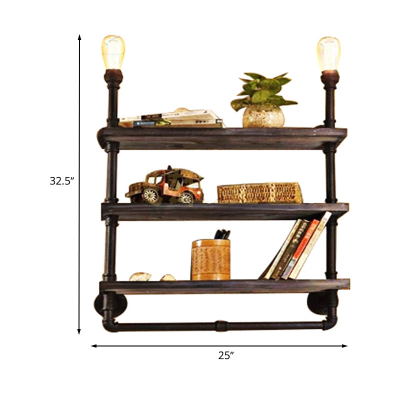 1/2-Bulb Wood Shelf Wall Lighting with Water Pipe Vintage Stylish Bronze Wall Mount Light for Living Room Clearhalo 'Art deco wall lights' 'Cast Iron' 'Glass' 'Industrial wall lights' 'Industrial' 'Middle century wall lights' 'Modern' 'Rustic wall lights' 'Tiffany' 'Traditional wall lights' 'Wall Lamps & Sconces' 'Wall Lights' Lighting' 768224