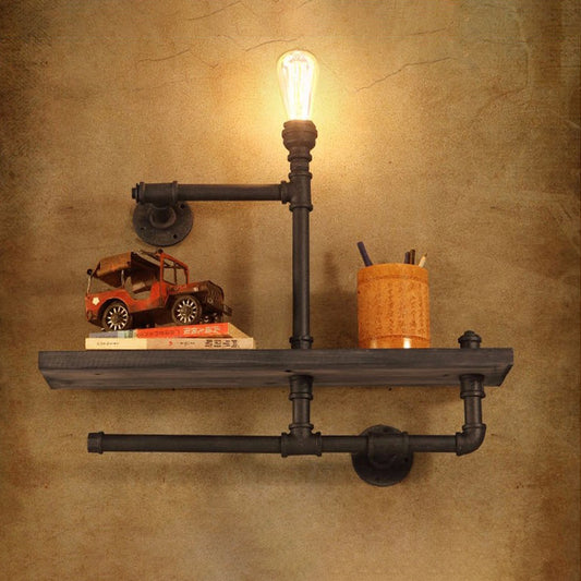 1/2-Bulb Wood Shelf Wall Lighting with Water Pipe Vintage Stylish Bronze Wall Mount Light for Living Room Wood C Clearhalo 'Art deco wall lights' 'Cast Iron' 'Glass' 'Industrial wall lights' 'Industrial' 'Middle century wall lights' 'Modern' 'Rustic wall lights' 'Tiffany' 'Traditional wall lights' 'Wall Lamps & Sconces' 'Wall Lights' Lighting' 768225