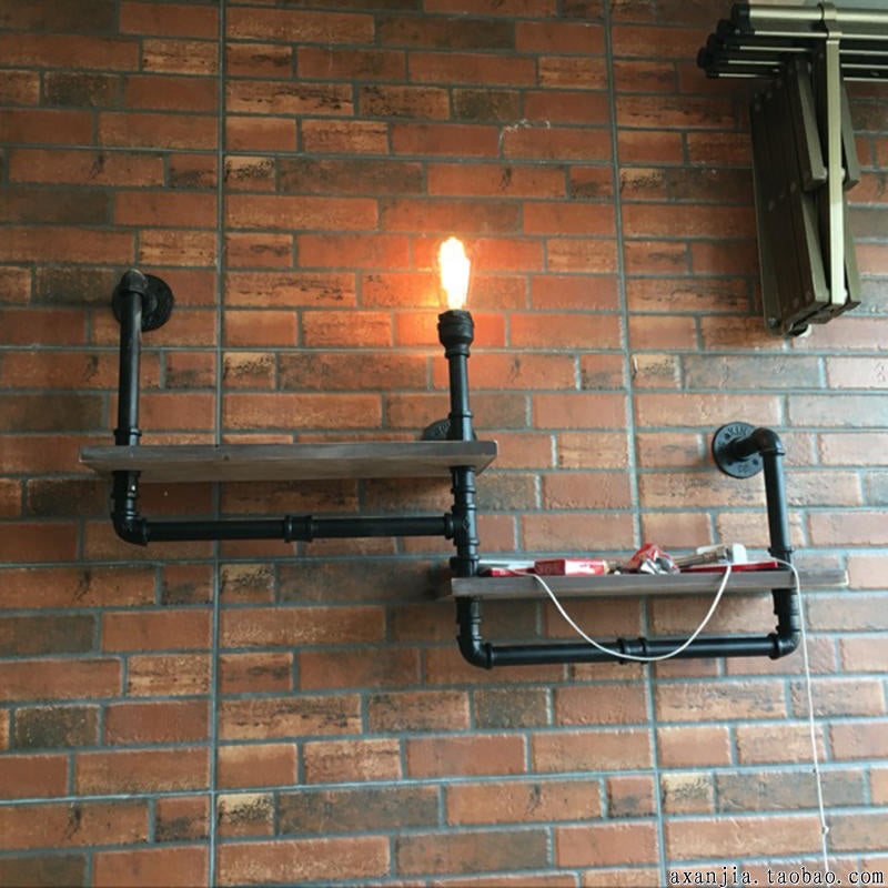 1/2-Bulb Wood Shelf Wall Lighting with Water Pipe Vintage Stylish Bronze Wall Mount Light for Living Room Clearhalo 'Art deco wall lights' 'Cast Iron' 'Glass' 'Industrial wall lights' 'Industrial' 'Middle century wall lights' 'Modern' 'Rustic wall lights' 'Tiffany' 'Traditional wall lights' 'Wall Lamps & Sconces' 'Wall Lights' Lighting' 768231