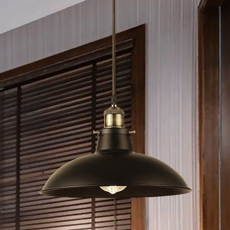 Antique Stylish Bowl Pendant Lamp 12"/14" W 1 Light Wrought Iron Hanging Fixture with Plug in Cord in Black/Grey Black Clearhalo 'Art Deco Pendants' 'Black' 'Cast Iron' 'Ceiling Lights' 'Ceramic' 'Crystal' 'Industrial Pendants' 'Industrial' 'Metal' 'Middle Century Pendants' 'Pendant Lights' 'Pendants' 'Rustic Pendants' 'Tiffany' Lighting' 768249