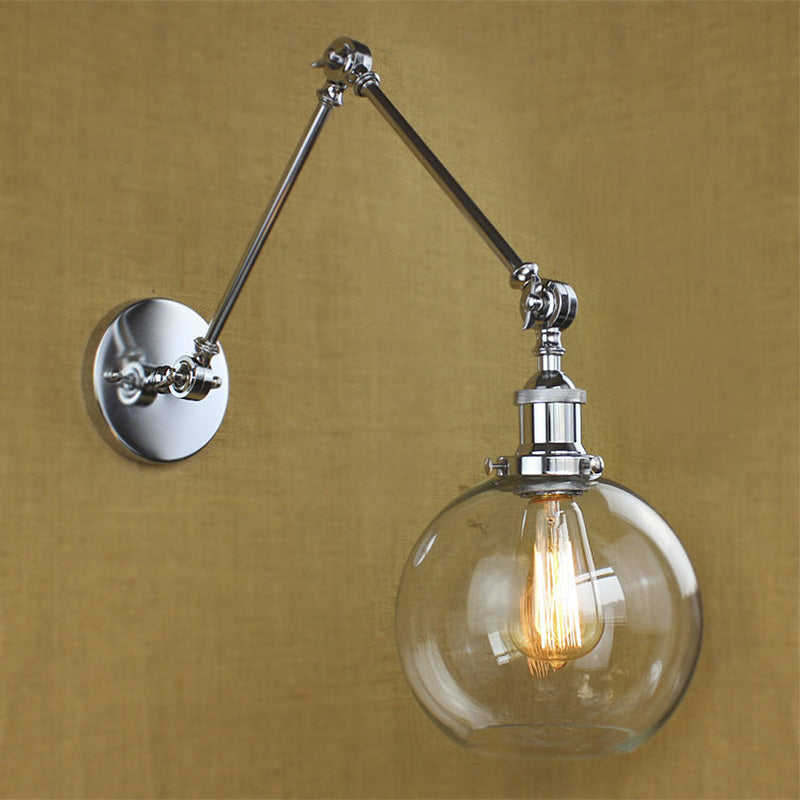 One Bulb Wall Light with Globe Shade Clear Glass Industrial Dining Room Sconce Lighting Fixture with Swing Arm Clear Clearhalo 'Art deco wall lights' 'Cast Iron' 'Glass' 'Industrial wall lights' 'Industrial' 'Middle century wall lights' 'Modern' 'Rustic wall lights' 'Tiffany' 'Traditional wall lights' 'Wall Lamps & Sconces' 'Wall Lights' Lighting' 768307