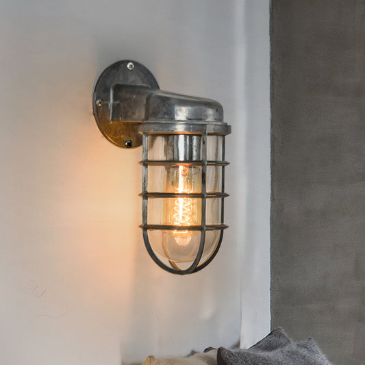 Coastal Caged Wall Lighting Fixture 1 Bulb Clear Glass Sconce Light in Brass/Copper/Chrome for Kitchen Clearhalo 'Art deco wall lights' 'Cast Iron' 'Glass' 'Industrial wall lights' 'Industrial' 'Middle century wall lights' 'Modern' 'Rustic wall lights' 'Tiffany' 'Traditional wall lights' 'Wall Lamps & Sconces' 'Wall Lights' Lighting' 768318