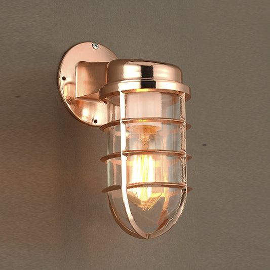 Coastal Caged Wall Lighting Fixture 1 Bulb Clear Glass Sconce Light in Brass/Copper/Chrome for Kitchen Clearhalo 'Art deco wall lights' 'Cast Iron' 'Glass' 'Industrial wall lights' 'Industrial' 'Middle century wall lights' 'Modern' 'Rustic wall lights' 'Tiffany' 'Traditional wall lights' 'Wall Lamps & Sconces' 'Wall Lights' Lighting' 768329