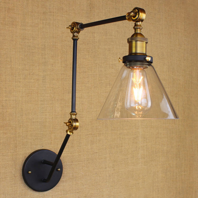 Vintage Tapered Wall Lighting Fixture 1 Bulb Clear Glass Sconce Light in Brass with Extendable Arm Brass Clearhalo 'Art deco wall lights' 'Cast Iron' 'Glass' 'Industrial wall lights' 'Industrial' 'Middle century wall lights' 'Modern' 'Rustic wall lights' 'Tiffany' 'Traditional wall lights' 'Wall Lamps & Sconces' 'Wall Lights' Lighting' 768340