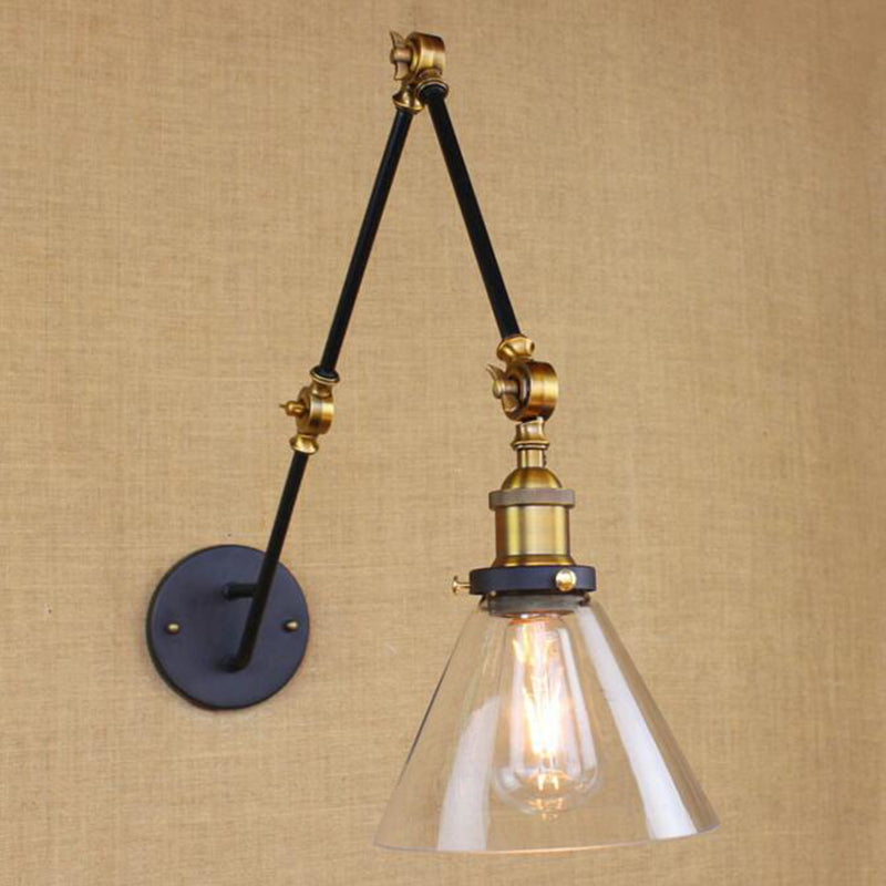 Vintage Tapered Wall Lighting Fixture 1 Bulb Clear Glass Sconce Light in Brass with Extendable Arm Clearhalo 'Art deco wall lights' 'Cast Iron' 'Glass' 'Industrial wall lights' 'Industrial' 'Middle century wall lights' 'Modern' 'Rustic wall lights' 'Tiffany' 'Traditional wall lights' 'Wall Lamps & Sconces' 'Wall Lights' Lighting' 768341
