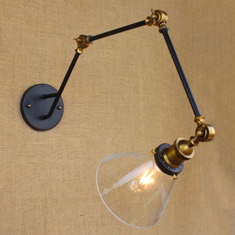 Vintage Tapered Wall Lighting Fixture 1 Bulb Clear Glass Sconce Light in Brass with Extendable Arm Clearhalo 'Art deco wall lights' 'Cast Iron' 'Glass' 'Industrial wall lights' 'Industrial' 'Middle century wall lights' 'Modern' 'Rustic wall lights' 'Tiffany' 'Traditional wall lights' 'Wall Lamps & Sconces' 'Wall Lights' Lighting' 768342