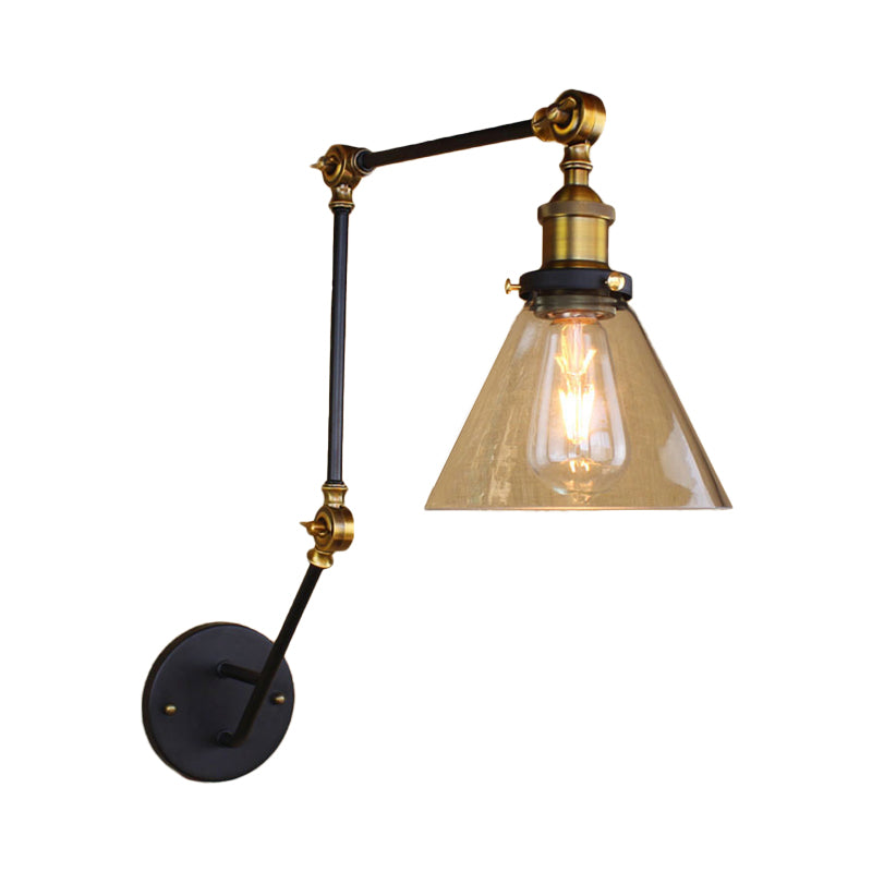 Vintage Tapered Wall Lighting Fixture 1 Bulb Clear Glass Sconce Light in Brass with Extendable Arm Clearhalo 'Art deco wall lights' 'Cast Iron' 'Glass' 'Industrial wall lights' 'Industrial' 'Middle century wall lights' 'Modern' 'Rustic wall lights' 'Tiffany' 'Traditional wall lights' 'Wall Lamps & Sconces' 'Wall Lights' Lighting' 768343