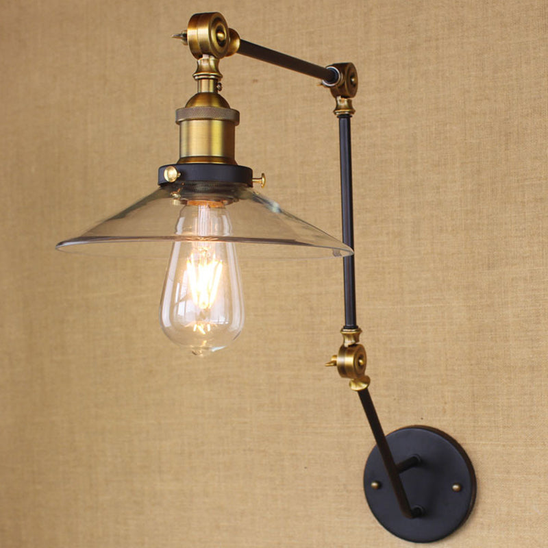 Brass Wide Flare Wall Lighting Antique Clear Glass 1 Light Coffee Shop Sconce Light Fixture Clear Clearhalo 'Art deco wall lights' 'Cast Iron' 'Glass' 'Industrial wall lights' 'Industrial' 'Middle century wall lights' 'Modern' 'Rustic wall lights' 'Tiffany' 'Traditional wall lights' 'Wall Lamps & Sconces' 'Wall Lights' Lighting' 768345