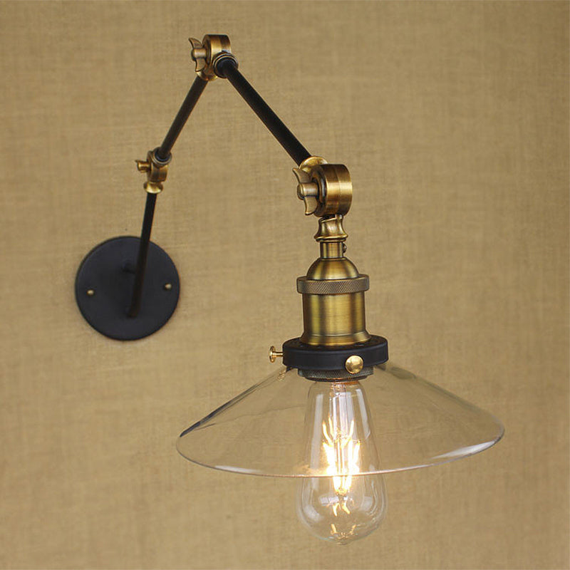 Brass Wide Flare Wall Lighting Antique Clear Glass 1 Light Coffee Shop Sconce Light Fixture Clearhalo 'Art deco wall lights' 'Cast Iron' 'Glass' 'Industrial wall lights' 'Industrial' 'Middle century wall lights' 'Modern' 'Rustic wall lights' 'Tiffany' 'Traditional wall lights' 'Wall Lamps & Sconces' 'Wall Lights' Lighting' 768347