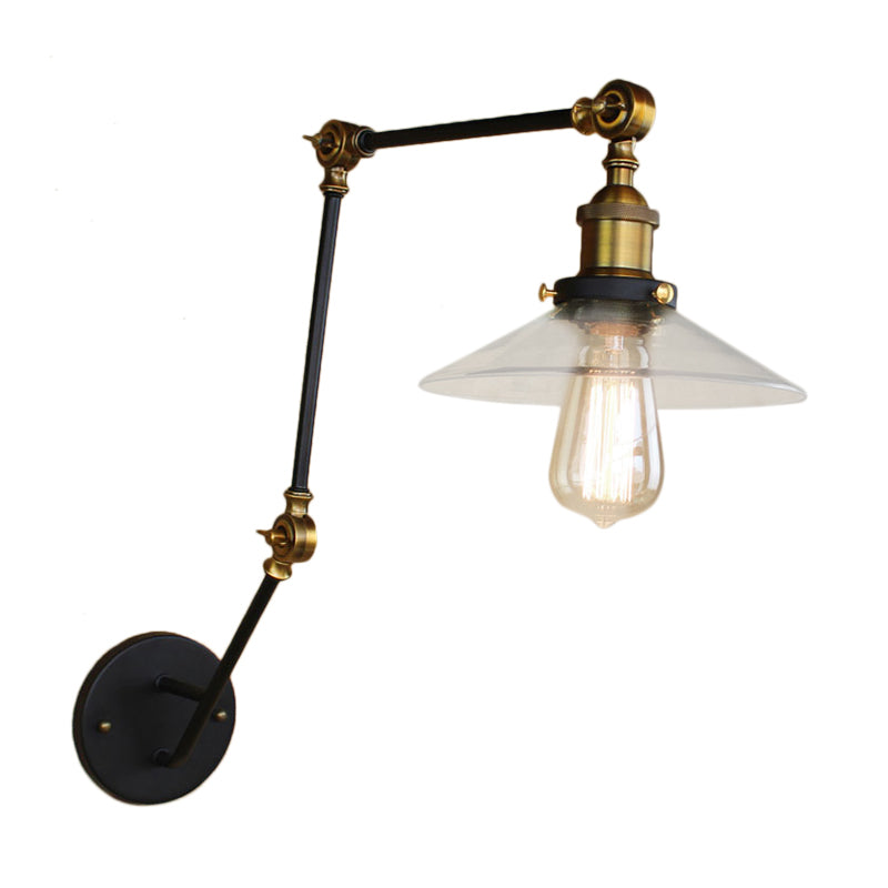 Brass Wide Flare Wall Lighting Antique Clear Glass 1 Light Coffee Shop Sconce Light Fixture Clearhalo 'Art deco wall lights' 'Cast Iron' 'Glass' 'Industrial wall lights' 'Industrial' 'Middle century wall lights' 'Modern' 'Rustic wall lights' 'Tiffany' 'Traditional wall lights' 'Wall Lamps & Sconces' 'Wall Lights' Lighting' 768348