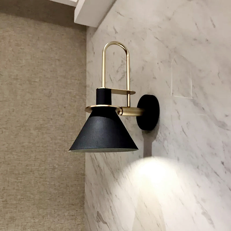 Funnel Shade Metallic Wall Mount Lamp Modernist Style 1 Head Hallway Sconce Lighting in Black/White Clearhalo 'Art deco wall lights' 'Cast Iron' 'Glass' 'Industrial wall lights' 'Industrial' 'Middle century wall lights' 'Modern' 'Rustic wall lights' 'Tiffany' 'Traditional wall lights' 'Wall Lamps & Sconces' 'Wall Lights' Lighting' 768381