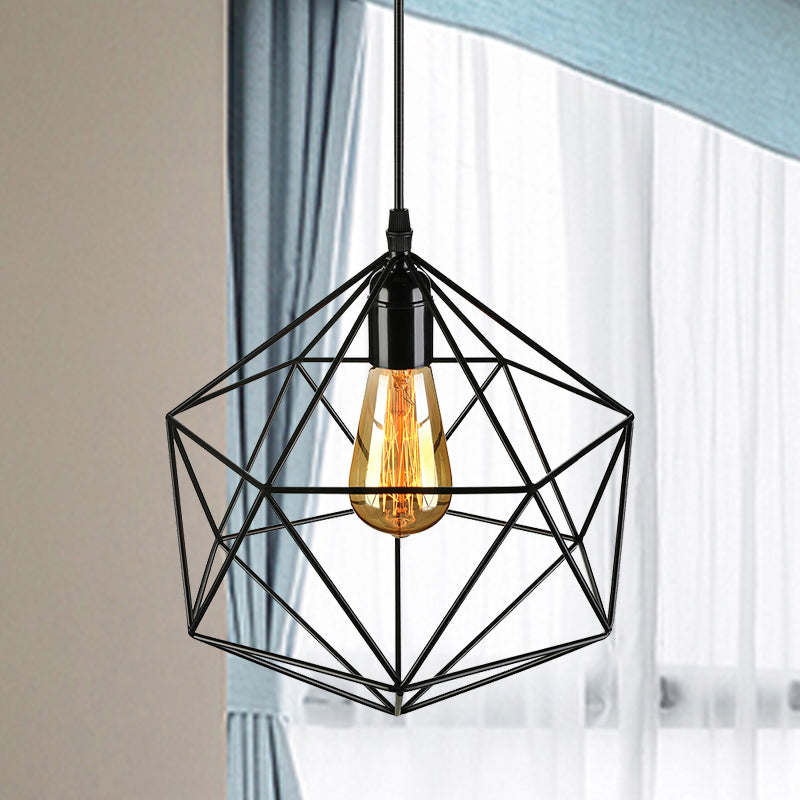 Geometric Metal Pendant Light Industrial 1 Light Living Room Hanging Light in Black/White, 7"/8.5"/11" W Black Clearhalo 'Art Deco Pendants' 'Black' 'Cast Iron' 'Ceiling Lights' 'Ceramic' 'Crystal' 'Industrial Pendants' 'Industrial' 'Metal' 'Middle Century Pendants' 'Pendant Lights' 'Pendants' 'Rustic Pendants' 'Tiffany' Lighting' 768392