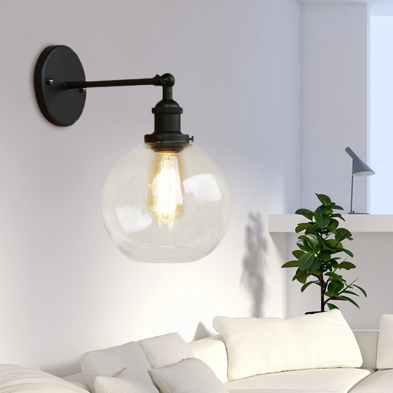 Clear Glass Black Wall Sconce Lighting Orb 1-Light Vintage Light Fixture for Living Room Clearhalo 'Cast Iron' 'Glass' 'Industrial' 'Modern wall lights' 'Modern' 'Tiffany' 'Traditional wall lights' 'Wall Lamps & Sconces' 'Wall Lights' Lighting' 768419