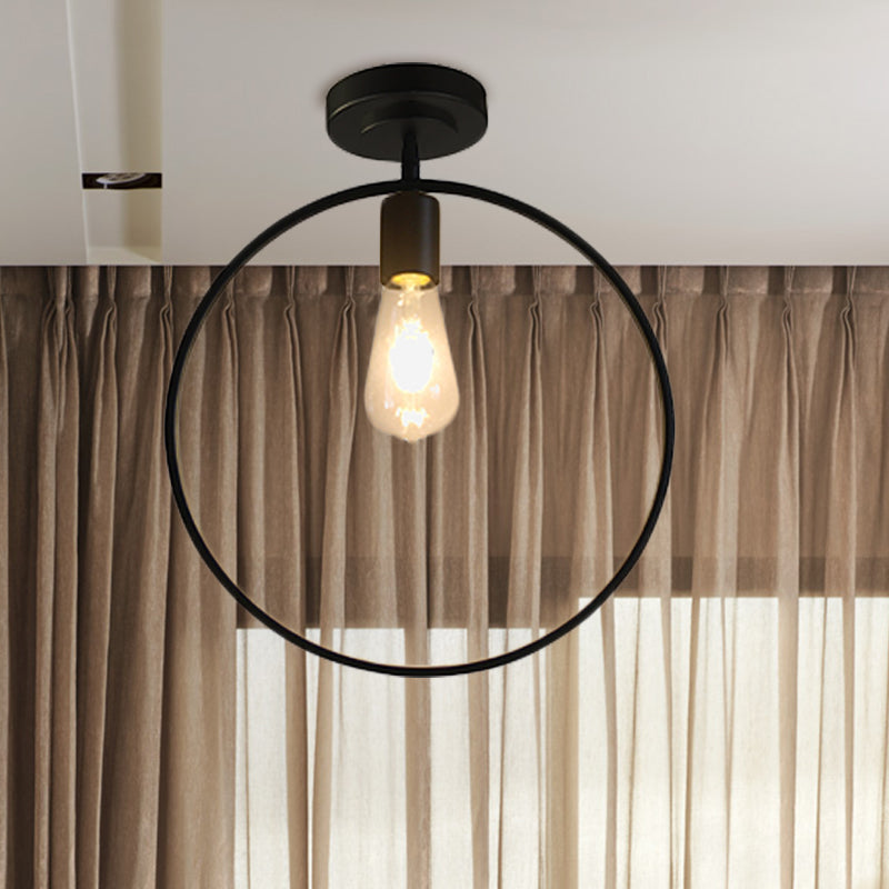 Black 1 Head Ceiling Lighting Loft Industrial Metal Ring Shaped Semi Flush Mount Lighting for Bedroom Black Clearhalo 'Ceiling Lights' 'Close To Ceiling Lights' 'Close to ceiling' 'Semi-flushmount' Lighting' 768447