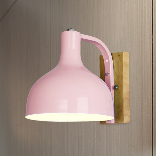 1 Head Wall Lamp Contemporary Dome Shade Metal Wall Light Fixture with Wooden Backplate in White/Pink Clearhalo 'Cast Iron' 'Glass' 'Industrial' 'Modern wall lights' 'Modern' 'Tiffany' 'Traditional wall lights' 'Wall Lamps & Sconces' 'Wall Lights' Lighting' 768488