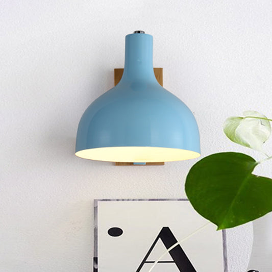 1 Head Wall Lamp Contemporary Dome Shade Metal Wall Light Fixture with Wooden Backplate in White/Pink Clearhalo 'Cast Iron' 'Glass' 'Industrial' 'Modern wall lights' 'Modern' 'Tiffany' 'Traditional wall lights' 'Wall Lamps & Sconces' 'Wall Lights' Lighting' 768491
