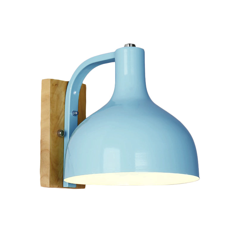 1 Head Wall Lamp Contemporary Dome Shade Metal Wall Light Fixture with Wooden Backplate in White/Pink Clearhalo 'Cast Iron' 'Glass' 'Industrial' 'Modern wall lights' 'Modern' 'Tiffany' 'Traditional wall lights' 'Wall Lamps & Sconces' 'Wall Lights' Lighting' 768493