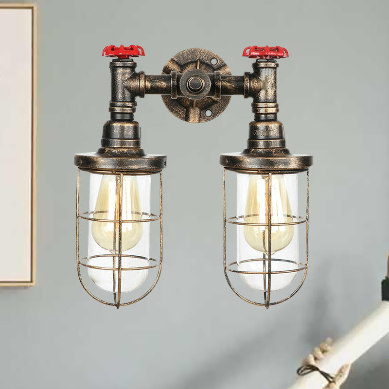 Farmhouse Wire Guard Wall Lamp with Valve Wheel 2 Bulbs Wrought Iron Sconce Lighting in Brass Brass B Clearhalo 'Art deco wall lights' 'Cast Iron' 'Glass' 'Industrial wall lights' 'Industrial' 'Middle century wall lights' 'Modern' 'Rustic wall lights' 'Tiffany' 'Traditional wall lights' 'Wall Lamps & Sconces' 'Wall Lights' Lighting' 768494
