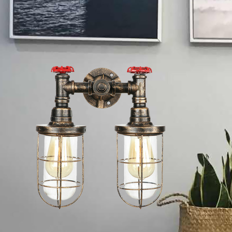 Farmhouse Wire Guard Wall Lamp with Valve Wheel 2 Bulbs Wrought Iron Sconce Lighting in Brass Clearhalo 'Art deco wall lights' 'Cast Iron' 'Glass' 'Industrial wall lights' 'Industrial' 'Middle century wall lights' 'Modern' 'Rustic wall lights' 'Tiffany' 'Traditional wall lights' 'Wall Lamps & Sconces' 'Wall Lights' Lighting' 768495