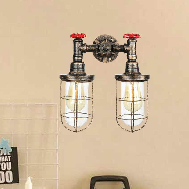 Farmhouse Wire Guard Wall Lamp with Valve Wheel 2 Bulbs Wrought Iron Sconce Lighting in Brass Clearhalo 'Art deco wall lights' 'Cast Iron' 'Glass' 'Industrial wall lights' 'Industrial' 'Middle century wall lights' 'Modern' 'Rustic wall lights' 'Tiffany' 'Traditional wall lights' 'Wall Lamps & Sconces' 'Wall Lights' Lighting' 768496