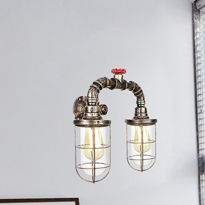 Farmhouse Wire Guard Wall Lamp with Valve Wheel 2 Bulbs Wrought Iron Sconce Lighting in Brass Clearhalo 'Art deco wall lights' 'Cast Iron' 'Glass' 'Industrial wall lights' 'Industrial' 'Middle century wall lights' 'Modern' 'Rustic wall lights' 'Tiffany' 'Traditional wall lights' 'Wall Lamps & Sconces' 'Wall Lights' Lighting' 768500