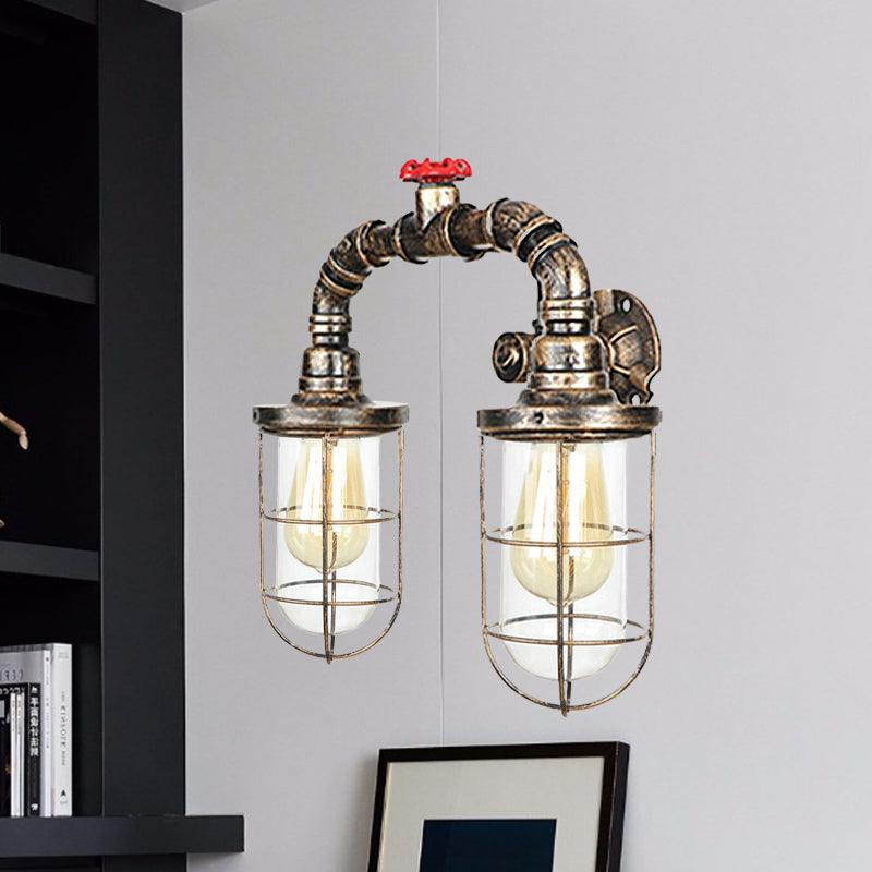 Farmhouse Wire Guard Wall Lamp with Valve Wheel 2 Bulbs Wrought Iron Sconce Lighting in Brass Clearhalo 'Art deco wall lights' 'Cast Iron' 'Glass' 'Industrial wall lights' 'Industrial' 'Middle century wall lights' 'Modern' 'Rustic wall lights' 'Tiffany' 'Traditional wall lights' 'Wall Lamps & Sconces' 'Wall Lights' Lighting' 768501