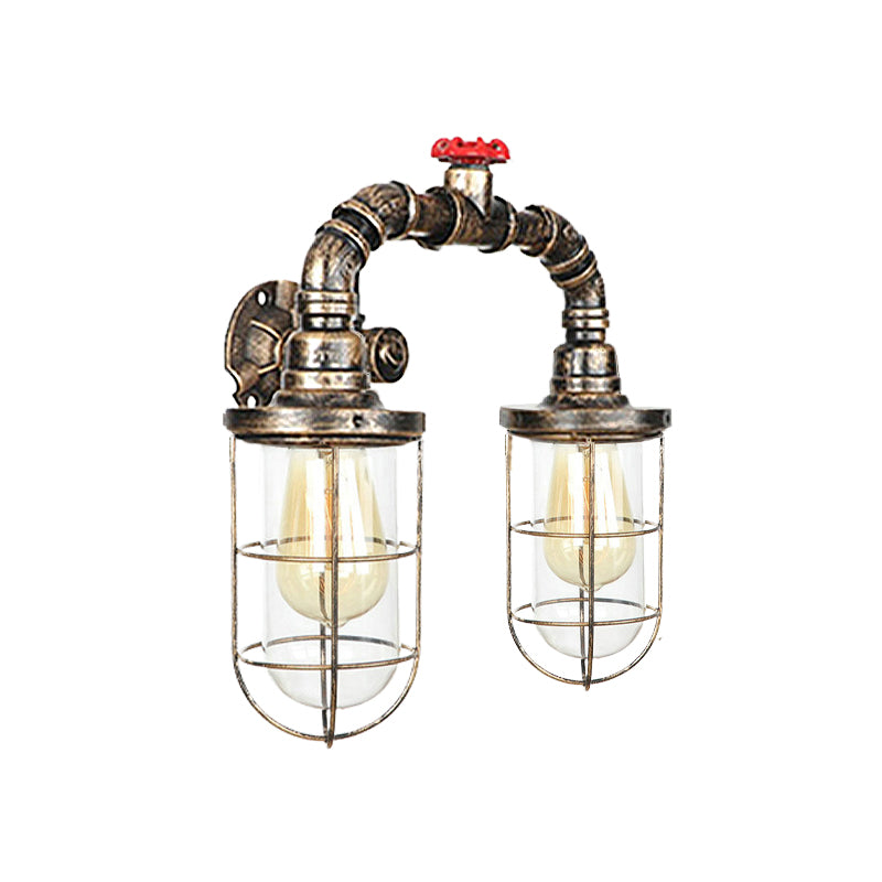 Farmhouse Wire Guard Wall Lamp with Valve Wheel 2 Bulbs Wrought Iron Sconce Lighting in Brass Clearhalo 'Art deco wall lights' 'Cast Iron' 'Glass' 'Industrial wall lights' 'Industrial' 'Middle century wall lights' 'Modern' 'Rustic wall lights' 'Tiffany' 'Traditional wall lights' 'Wall Lamps & Sconces' 'Wall Lights' Lighting' 768502
