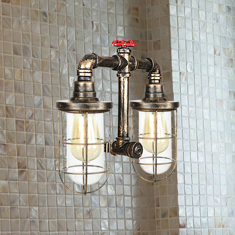 Farmhouse Wire Guard Wall Lamp with Valve Wheel 2 Bulbs Wrought Iron Sconce Lighting in Brass Brass E Clearhalo 'Art deco wall lights' 'Cast Iron' 'Glass' 'Industrial wall lights' 'Industrial' 'Middle century wall lights' 'Modern' 'Rustic wall lights' 'Tiffany' 'Traditional wall lights' 'Wall Lamps & Sconces' 'Wall Lights' Lighting' 768504