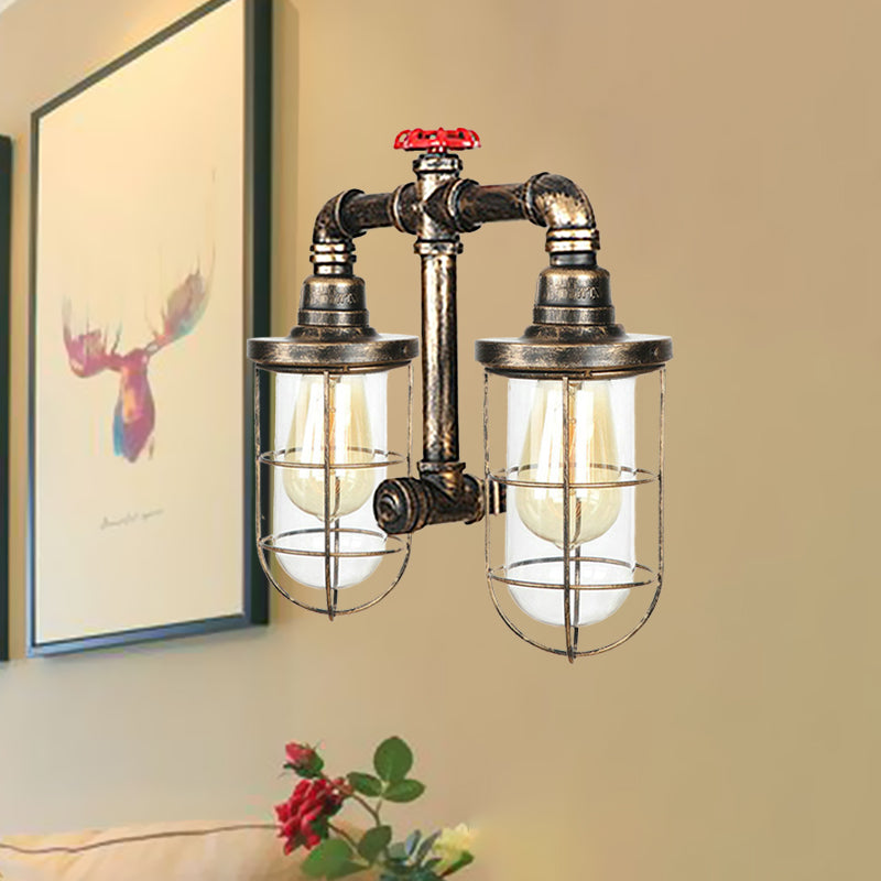 Farmhouse Wire Guard Wall Lamp with Valve Wheel 2 Bulbs Wrought Iron Sconce Lighting in Brass Clearhalo 'Art deco wall lights' 'Cast Iron' 'Glass' 'Industrial wall lights' 'Industrial' 'Middle century wall lights' 'Modern' 'Rustic wall lights' 'Tiffany' 'Traditional wall lights' 'Wall Lamps & Sconces' 'Wall Lights' Lighting' 768505