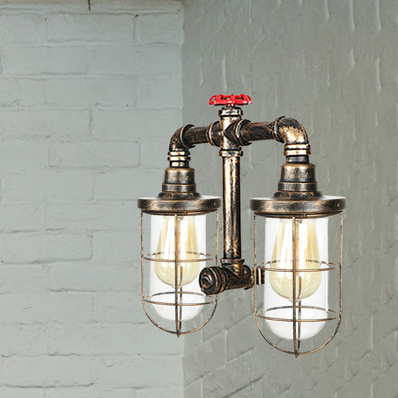 Farmhouse Wire Guard Wall Lamp with Valve Wheel 2 Bulbs Wrought Iron Sconce Lighting in Brass Clearhalo 'Art deco wall lights' 'Cast Iron' 'Glass' 'Industrial wall lights' 'Industrial' 'Middle century wall lights' 'Modern' 'Rustic wall lights' 'Tiffany' 'Traditional wall lights' 'Wall Lamps & Sconces' 'Wall Lights' Lighting' 768506