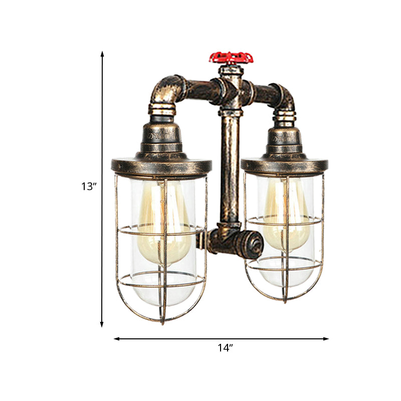 Farmhouse Wire Guard Wall Lamp with Valve Wheel 2 Bulbs Wrought Iron Sconce Lighting in Brass Clearhalo 'Art deco wall lights' 'Cast Iron' 'Glass' 'Industrial wall lights' 'Industrial' 'Middle century wall lights' 'Modern' 'Rustic wall lights' 'Tiffany' 'Traditional wall lights' 'Wall Lamps & Sconces' 'Wall Lights' Lighting' 768508