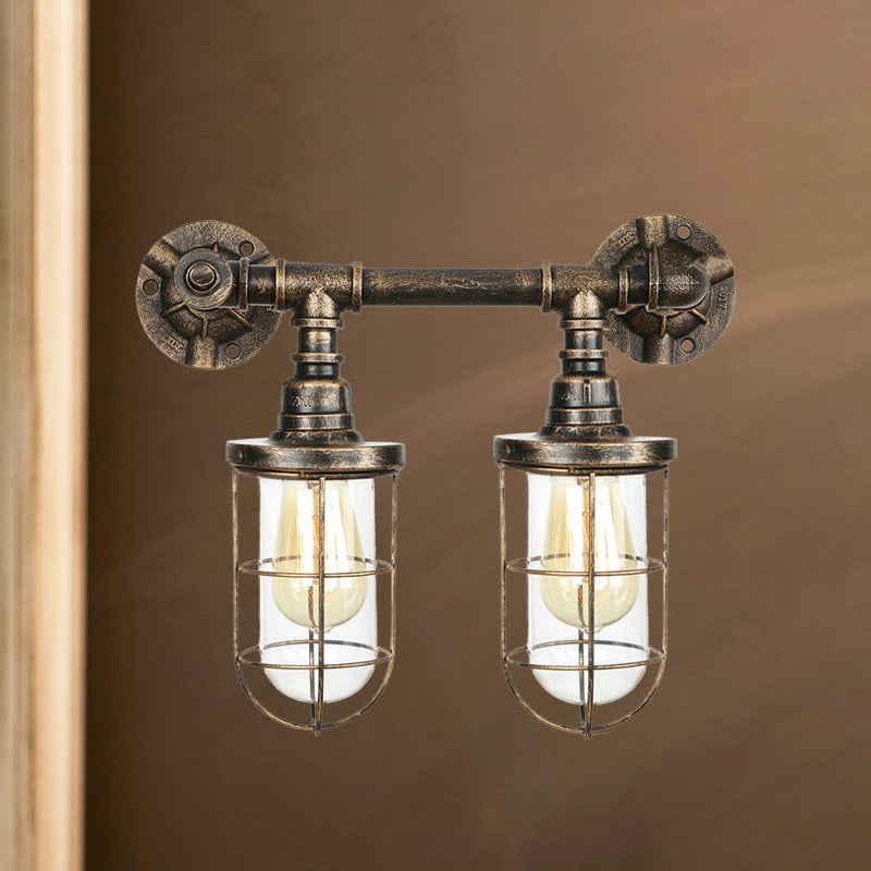 Farmhouse Wire Guard Wall Lamp with Valve Wheel 2 Bulbs Wrought Iron Sconce Lighting in Brass Brass C Clearhalo 'Art deco wall lights' 'Cast Iron' 'Glass' 'Industrial wall lights' 'Industrial' 'Middle century wall lights' 'Modern' 'Rustic wall lights' 'Tiffany' 'Traditional wall lights' 'Wall Lamps & Sconces' 'Wall Lights' Lighting' 768509