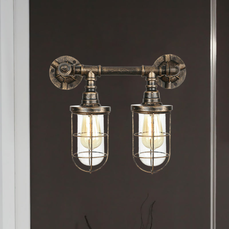 Farmhouse Wire Guard Wall Lamp with Valve Wheel 2 Bulbs Wrought Iron Sconce Lighting in Brass Clearhalo 'Art deco wall lights' 'Cast Iron' 'Glass' 'Industrial wall lights' 'Industrial' 'Middle century wall lights' 'Modern' 'Rustic wall lights' 'Tiffany' 'Traditional wall lights' 'Wall Lamps & Sconces' 'Wall Lights' Lighting' 768510