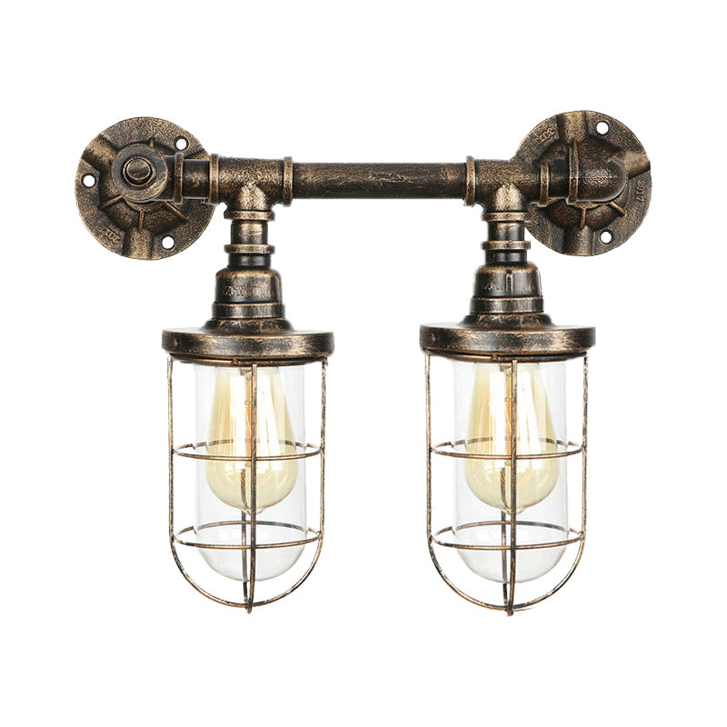 Farmhouse Wire Guard Wall Lamp with Valve Wheel 2 Bulbs Wrought Iron Sconce Lighting in Brass Clearhalo 'Art deco wall lights' 'Cast Iron' 'Glass' 'Industrial wall lights' 'Industrial' 'Middle century wall lights' 'Modern' 'Rustic wall lights' 'Tiffany' 'Traditional wall lights' 'Wall Lamps & Sconces' 'Wall Lights' Lighting' 768512