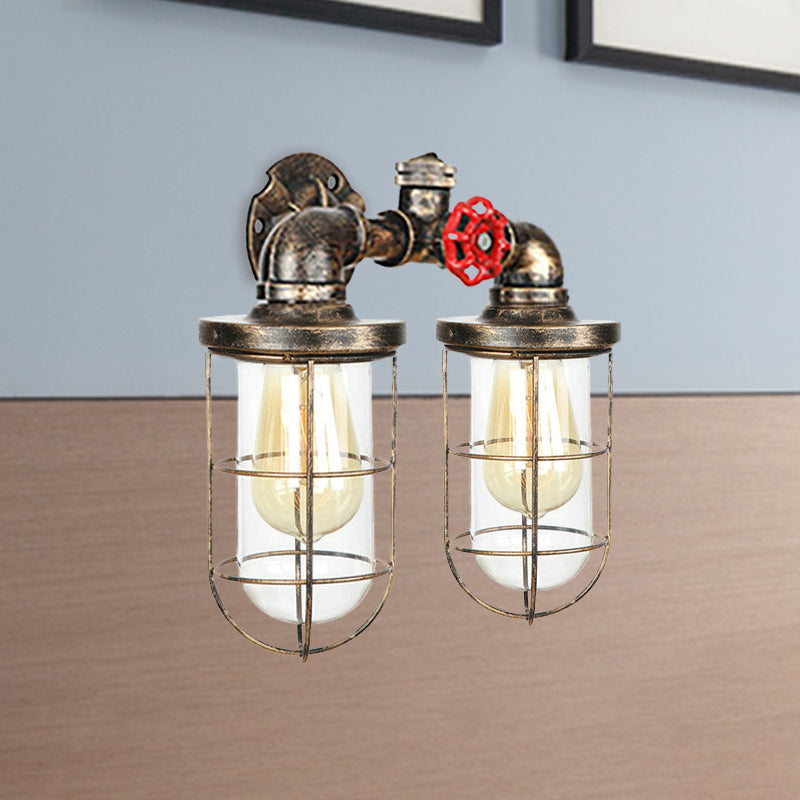 Farmhouse Wire Guard Wall Lamp with Valve Wheel 2 Bulbs Wrought Iron Sconce Lighting in Brass Clearhalo 'Art deco wall lights' 'Cast Iron' 'Glass' 'Industrial wall lights' 'Industrial' 'Middle century wall lights' 'Modern' 'Rustic wall lights' 'Tiffany' 'Traditional wall lights' 'Wall Lamps & Sconces' 'Wall Lights' Lighting' 768515